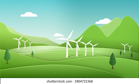 Save The Planet. Cycle Animation Of A Clean Green Energy Futuristic City Using Wind Turbines. Global Warming Resources For A Bright Future. 3D Rendering