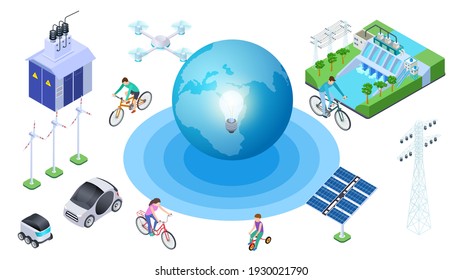 Save The Planet. Isometric Alternative Sources, Conservation Of Ecology. Earth Electric Cars, Hydroelectric Station, Drone