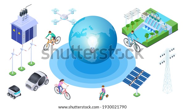 Save\
the planet. Isometric alternative sources, conservation of ecology.\
Earth electric cars, hydroelectric station,\
drone
