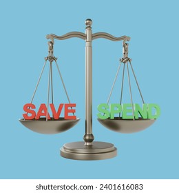 Save and Spend balance on the scale 3d illustration