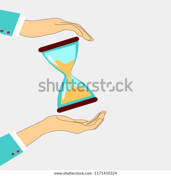 Save time concept. Businessman in hands is\
holding a watch, sand clock. Controlling time. Successful strategy\
planning. Illustration in flat style\
