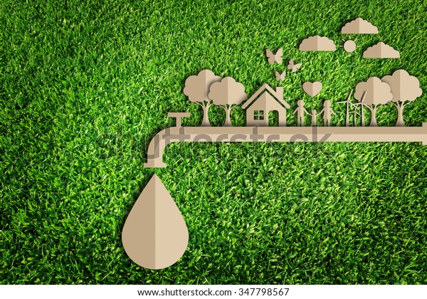Save\
water concept.  Paper cut of eco on green\
grass.