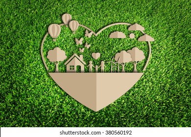  Save the world concept. Paper cut of eco on green grass. - Shutterstock ID 380560192