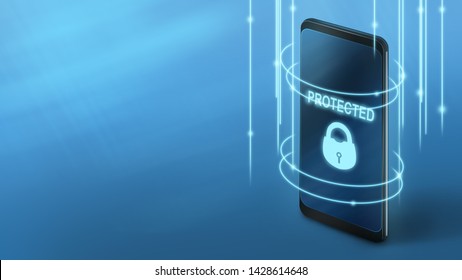 Save your device. Protected phone with neon lock on screen, panorama, copy space