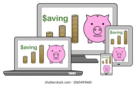 Saving concept on different devices, isolated on white