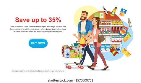 Saving Money Offer on Shop Sale Cartoon Horizontal Web Banner with Parents Couple Riding Child on Supermarket Cart Full of Groceries Illustration. Food Store Big Discount Promotion Landing Page - Powered by Shutterstock