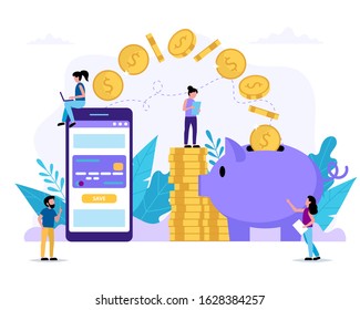 Savings Account. Smartphone With Application Sending Money To Piggy Bank. Small People Doing Various Tasks. Cute Illustration In Flat Style