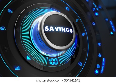 Savings Controller on Black Control Console with Blue Backlight. Improvement, regulation, control or management concept.