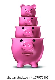 Savings Loss And Shrinking Financial Wealth And Home Finances With Piggy Banks Shrinking In Size As A Symbol Of Debt And Recession And Losing Money On A White Background.