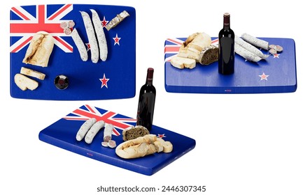 Savor a New Zealand inspired gourmet ensemble featuring artisanal bread, cheese, and sausage, paired with a bottle of red wine, arranged upon the iconic Southern Cross flag backdrop.
 - Powered by Shutterstock