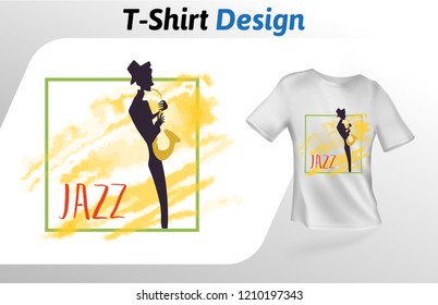 Saxaphone Player Silhouette T-shirt Print, Jazz Event. Colorful Mock Up T-shirt Design Template. Template, Isolated On White Background. Raster Version.