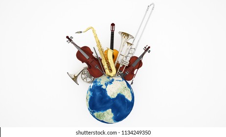 Saxophone With Concert Flute ,french Horn ,trombone, Trumpet ,cello ,violin And Classical Guitar On The World - Artwork Musical Instrument For Music Festival - 3D Illustration