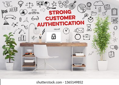 SCA - Strong Customer Authentication - Concept With Icons Around Green Workplace (3D Rendering)