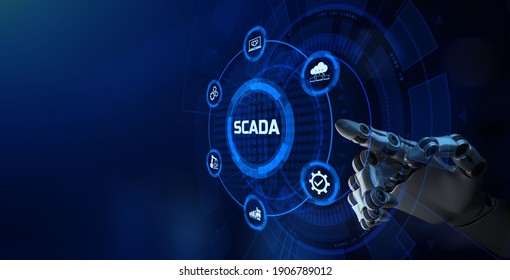 SCADA Supervisory Control And Data Acquisition Technology Concept On Virtual Screen. Robotic Arm 3d Rendering.