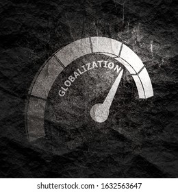 Scale with arrow. Globalization level measuring device icon. Sign tachometer, speedometer, indicators. Infographic gauge element.
