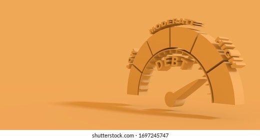 Scale with arrow from low to high. Debt measuring device icon. Sign tachometer, speedometer, indicators. Infographic gauge element. Business concept on debt. 3D rendering