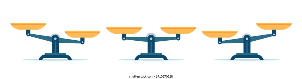 Scales In Balance And Imbalance. Flat Libra Icon With Gold Bowls In Equal Position. Weight Mass Comparison On Leverage Scales,  Set. Illustration Equality Measurement, Weigh Imbalance