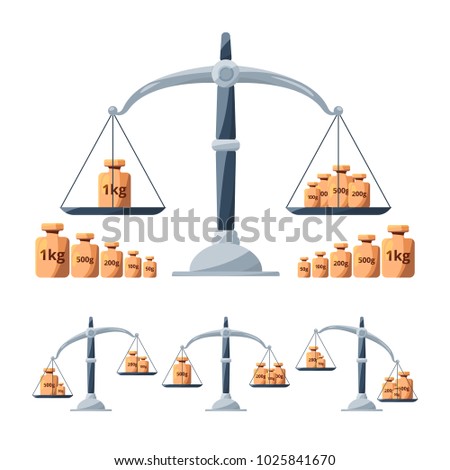Scales calibration tools. Different weights for scales isolated. Balance concept pictures. Scale measurement balance illustration