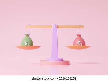 Scales Currency Price Balance Concept. Finance Business Investment Eduacation With Bag Money, Cartoon Minimal Style On Pink Background. 3d Render. Illustration