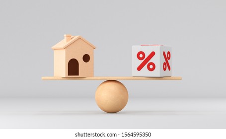 Scales. House and percent on a white background. 3d render illustration.