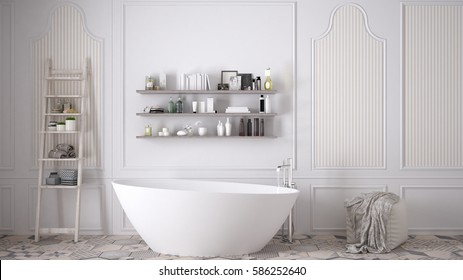 Scandinavian Bathroom, Classic White Vintage Interior Design, 3d Illustration