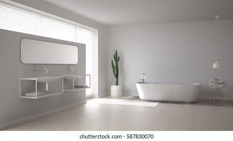 Scandinavian Bathroom, Gray Minimalistic Interior Design, 3d Illustration