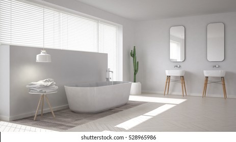 Scandinavian Bathroom, White Minimalistic Interior Design, 3d Illustration