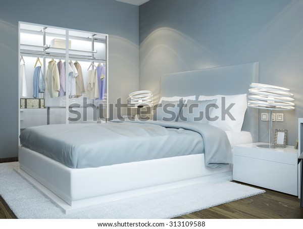 Scandinavian Bedroom Design Light Blue Colored Stock Illustration