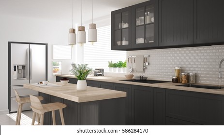 Scandinavian Classic Kitchen With Wooden And Gray Details, Minimalistic Interior Design 3d Illustration