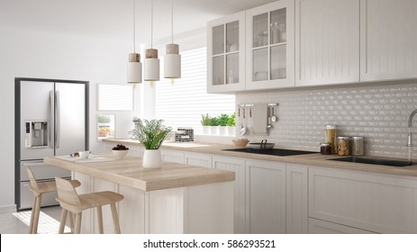 Scandinavian classic kitchen with wooden and white details, minimalistic interior design 3d illustration