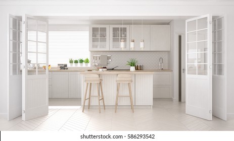 Scandinavian Classic Kitchen With Wooden And White Details, Minimalistic Interior Design, 3d Illustration