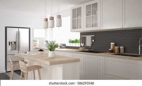 Scandinavian Classic Kitchen With Wooden And White Details, Minimalistic Interior Design 3d Illustration