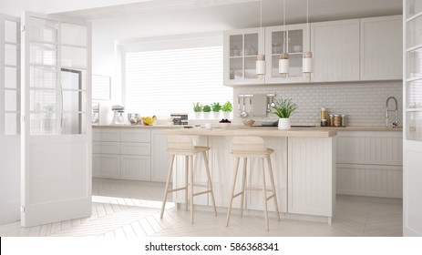 Scandinavian Classic Kitchen With Wooden And White Details, Minimalistic Interior Design,  3d Illustration