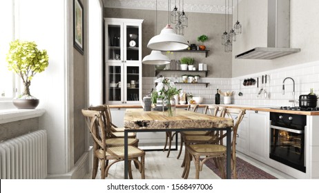 Stylish Modern Designer Kitchen Lots Greenery Stock Photo 1326857102 ...