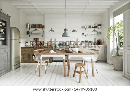Scandinavian contemporary style kitchen with eating area and simplistic accents. 3d rendering [[stock_photo]] © 