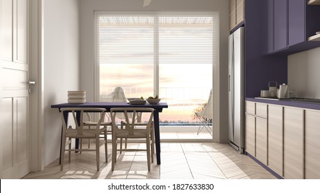 Scandinavian Ethnic Kitchen And Dining Room In Violet And Wooden Tones. Big Panoramic Window On Sunset Or Sunrise Panorama, Table With Chairs. Modern Interior Design Concept Idea, 3d Illustration