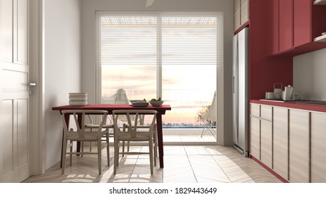 Scandinavian Ethnic Kitchen And Dining Room In Red And Wooden Tones. Big Panoramic Window On Sunset Or Sunrise Panorama, Table With Chairs. Modern Interior Design Concept Idea, 3d Illustration