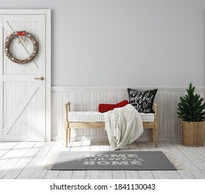 Scandinavian Farmhouse Hallway Interior With Christmas Decoration, Wall Mockup, 3d Render