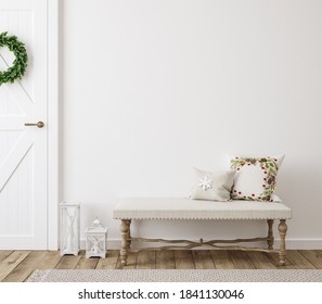 Scandinavian Farmhouse Hallway Interior With Christmas Decoration, Wall Mockup, 3d Render