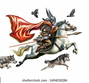 Scandinavian God Odin Flies On A Horse Sleipnir, With The Sacred Wolves Geri And Freki And Crows Hugin And Munin, Isolated Image On A White Background