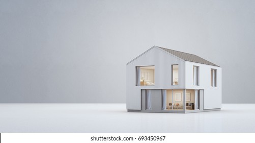Scandinavian house in modern design with copy space, New home for big family on empty white floor and concrete wall background - 3d rendering of residential building