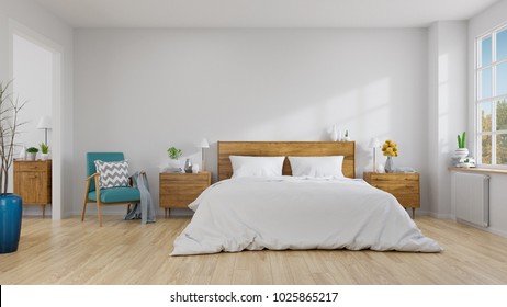 Scandinavian Interior Of Bedroom Concept Design,blue Lounge Chair With Wood Bedside Table And White Bed  On White Wall ,empty Room ,3d Rendering