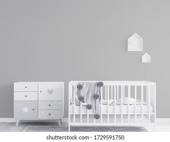 Scandinavian Interior Design Of Children Bedroom With White Wooden Bed, Stylish And Cute Child Room Decor. Gray Background Walls. Copy Space, 3D Render, 3D Illustration