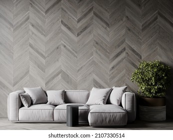 Scandinavian interior. Herringbone panel on an empty wall. Room design in beige ivory and gray colors - taupe. Light sofa and black table. 3d render