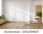 Scandinavian  interior living room with white armchair and wooden coffee table on white wall .3drender