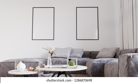 Scandinavian interior with sofa, coffee table, mockup 3d rendering
