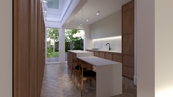 Scandinavian Or Japandi Style Contemporary And Minimalist Kitchen Extension. 3D Illustration
