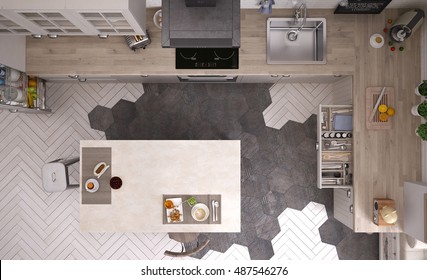 Scandinavian Kitchen, Top View, 3d Illustration