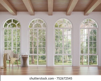Scandinavian living room 3d rendering image.The Rooms have wooden floors and ceilings with white walls .There are arch shape window overlooking to the nature.