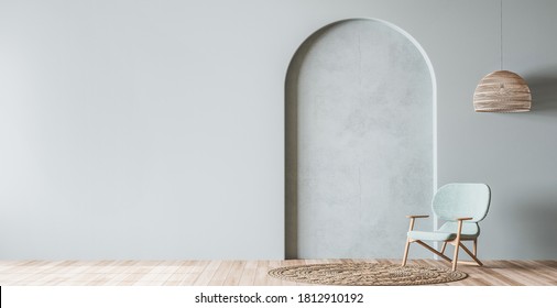 Scandinavian living room mockup, wooden chair on empty pastel blue background, minimal panoramic design, 3d render, 3d illustration